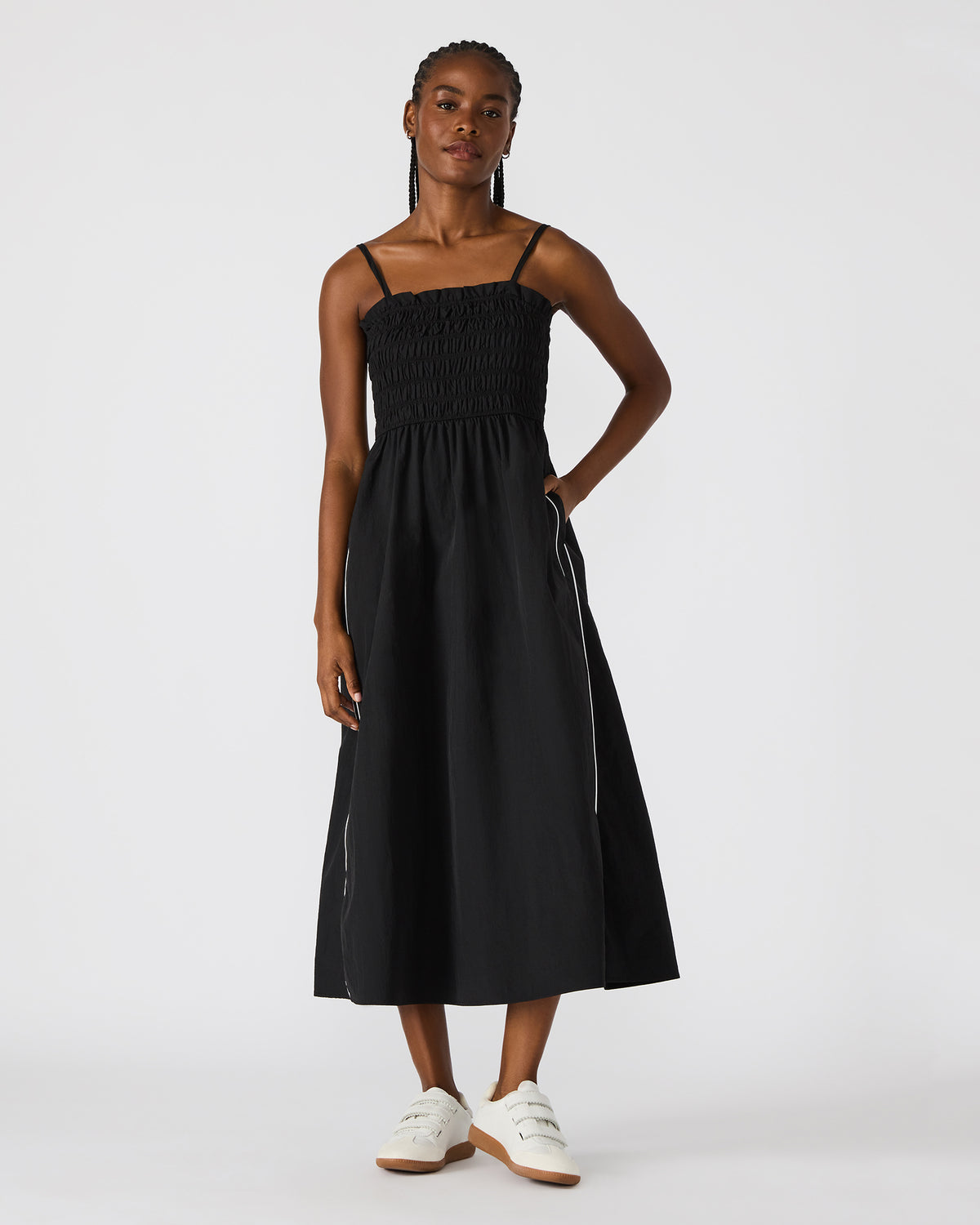 KIT Dress Black/White Flowy Smocked Striped Maxi Dress