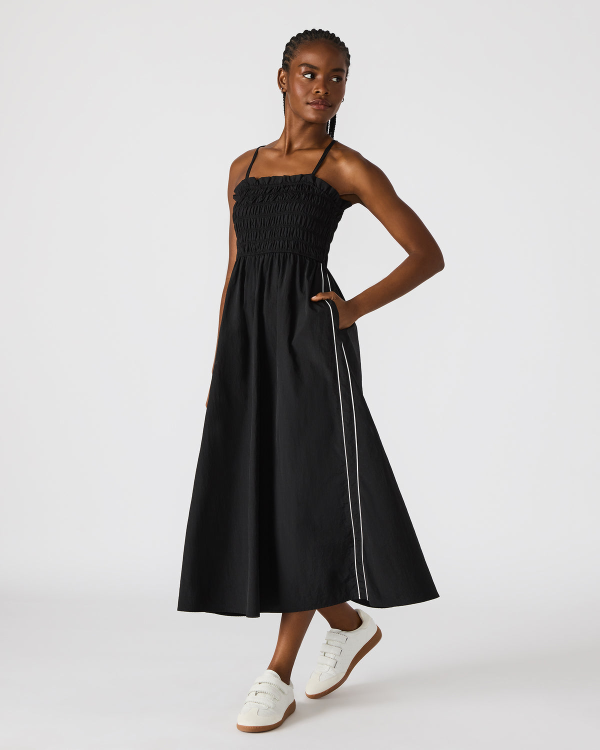 KIT Dress Black/White Flowy Smocked Striped Maxi Dress