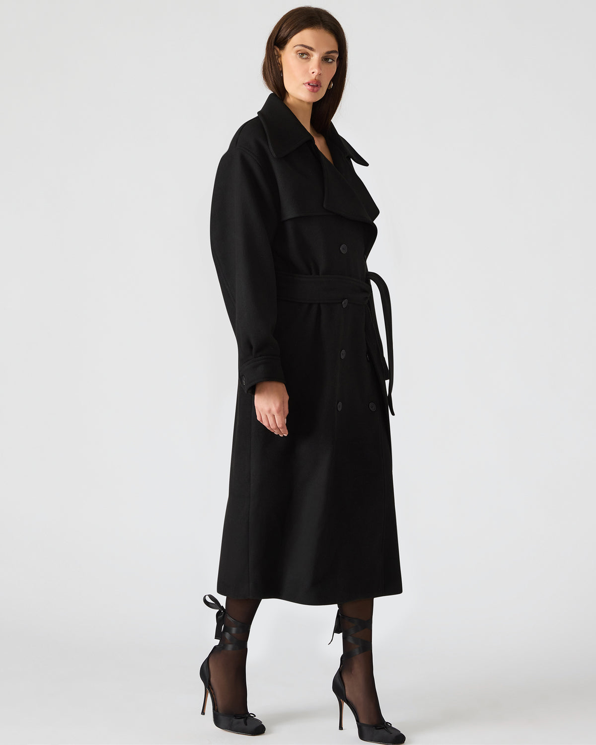 ENORA Black Long-Sleeved Button-Up Collared Women's Trench Coat