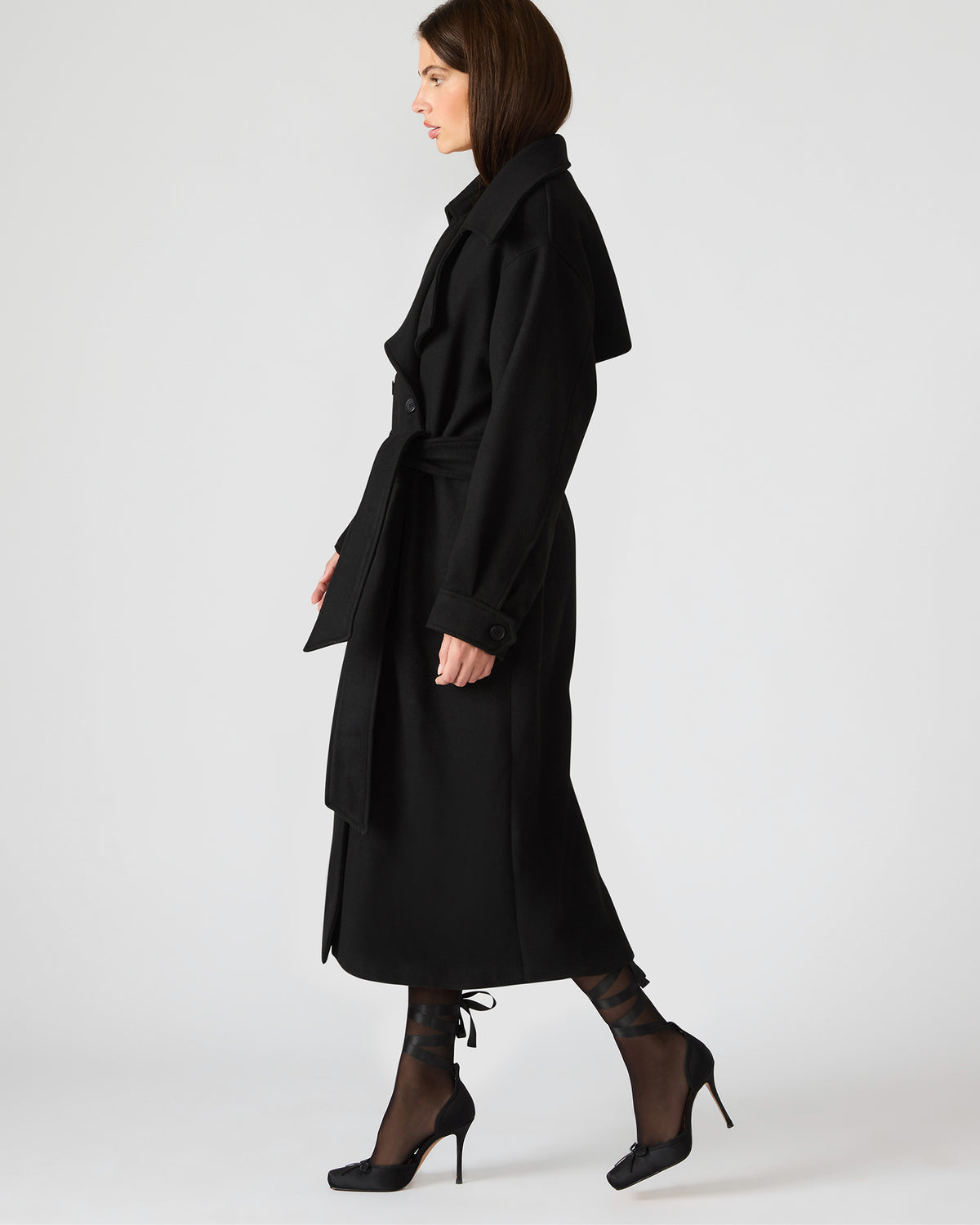 ENORA Black Long-Sleeved Button-Up Collared Women's Trench Coat