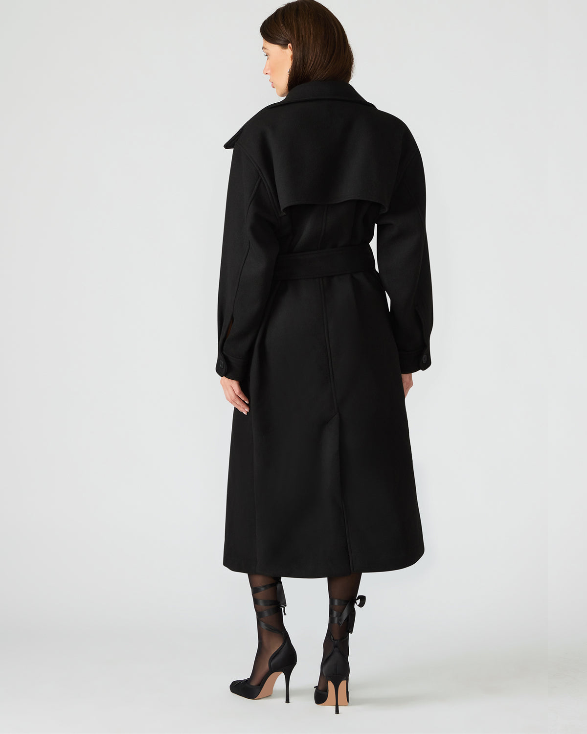 ENORA Black Long-Sleeved Button-Up Collared Women's Trench Coat