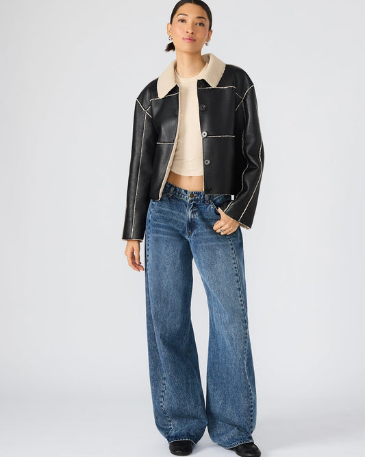 TILIA Black Long-Sleeved Faux Leather Button-Up Faux Fur Women's Coat