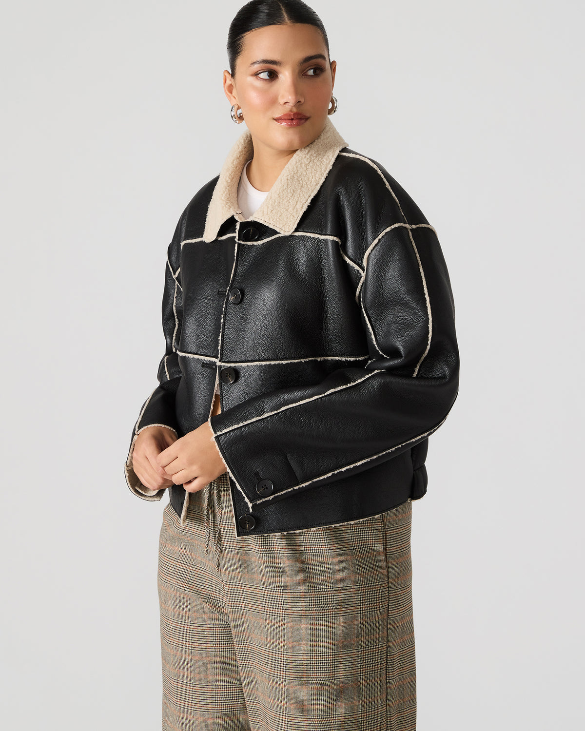 TILIA Black Long-Sleeved Faux Leather Button-Up Faux Fur Women's Coat