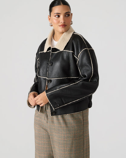 TILIA Black Long-Sleeved Faux Leather Button-Up Faux Fur Women's Coat