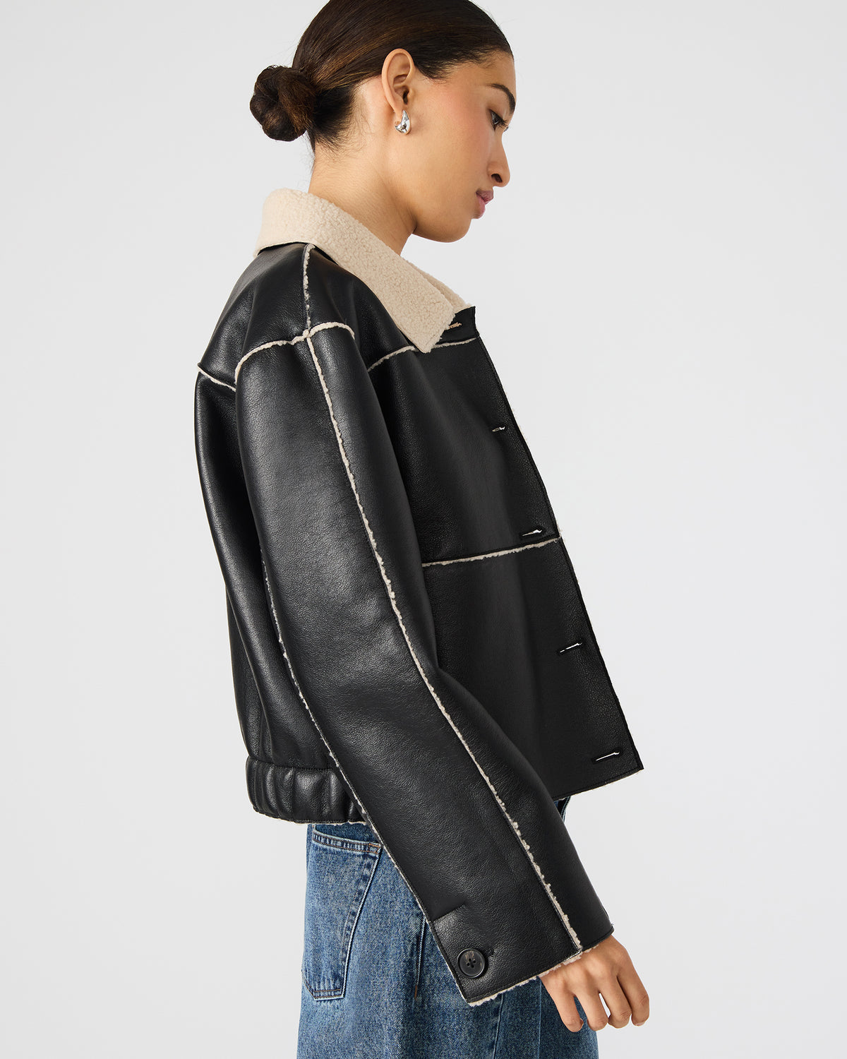TILIA Black Long-Sleeved Faux Leather Button-Up Faux Fur Women's Coat