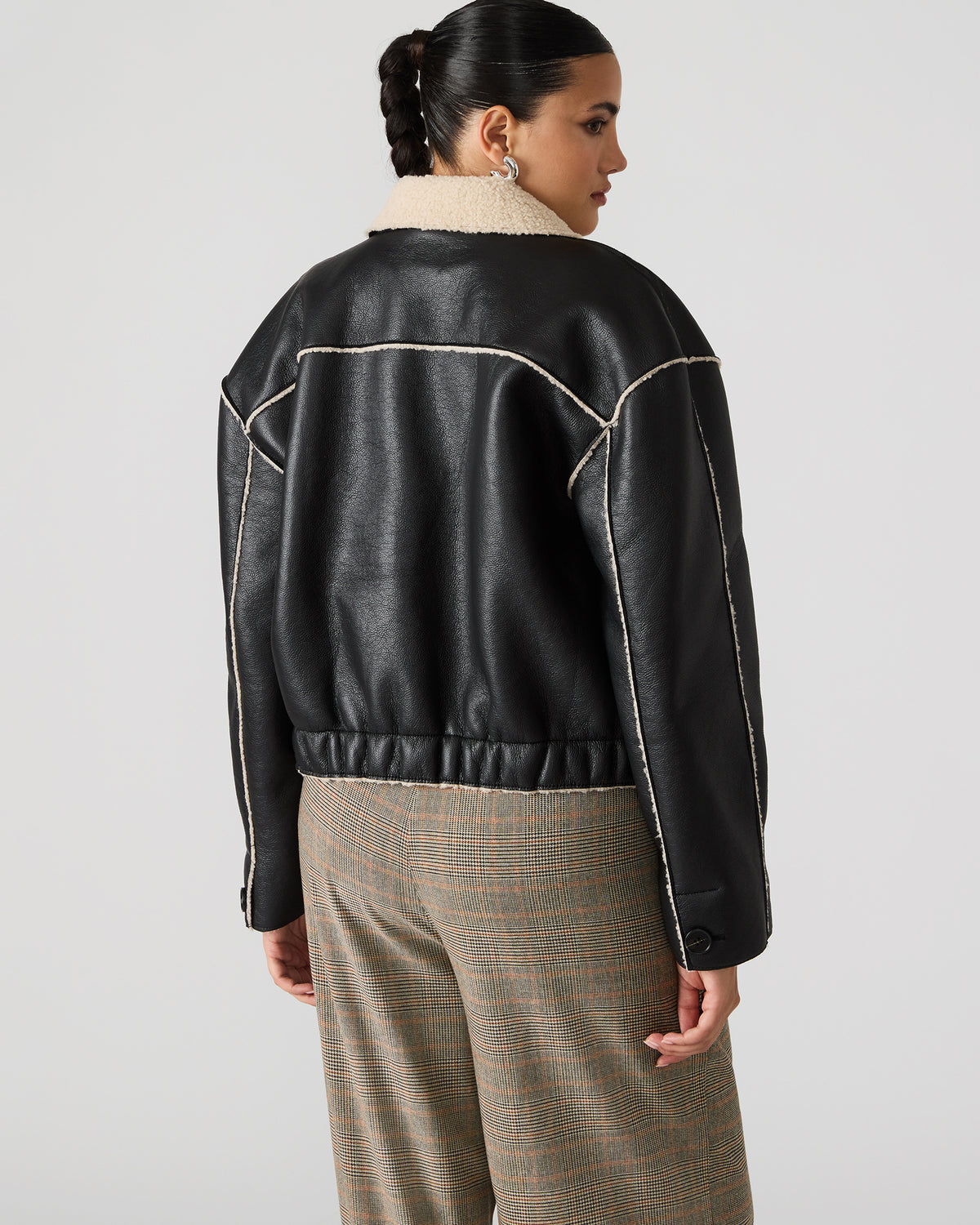 TILIA Black Long-Sleeved Faux Leather Button-Up Faux Fur Women's Coat