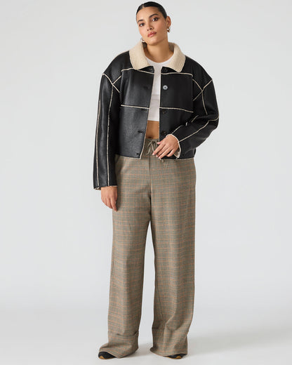 TILIA Black Long-Sleeved Faux Leather Button-Up Faux Fur Women's Coat