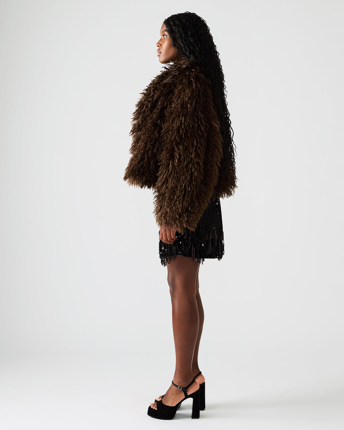 INAYA Dark Espresso Long-Sleeved Faux Fur Shaggy Women's Coat