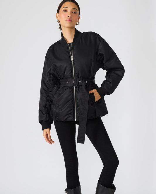 ERYN Black Long-Sleeved Puffer Belted Zip-Up Women's Jacket