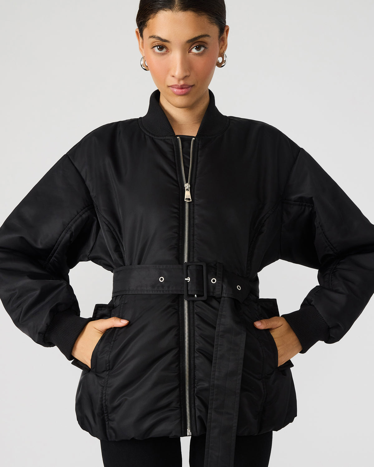 ERYN Black Long-Sleeved Puffer Belted Zip-Up Women's Jacket
