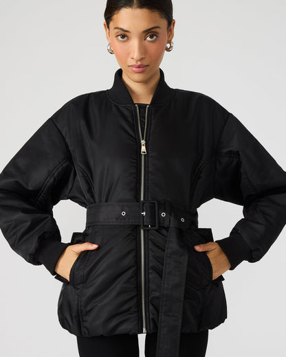ERYN Black Long-Sleeved Puffer Belted Zip-Up Women's Jacket