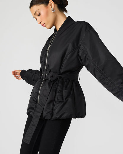ERYN Black Long-Sleeved Puffer Belted Zip-Up Women's Jacket