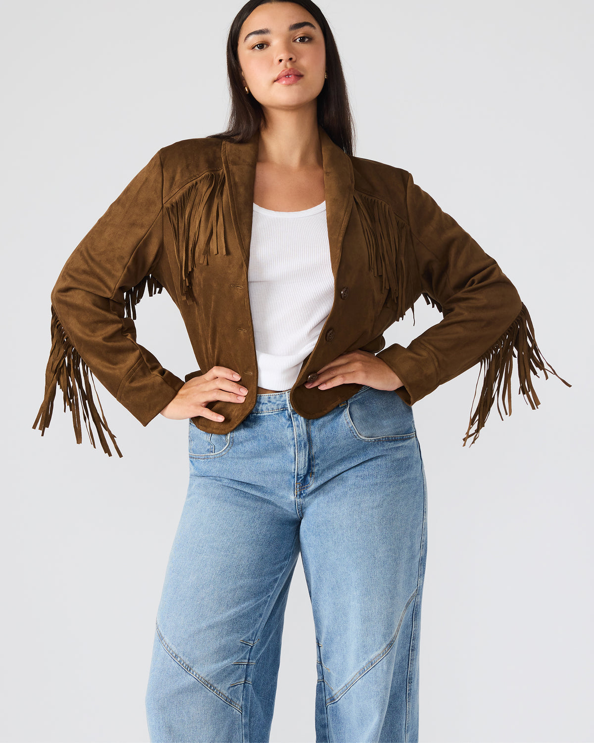 DALLAS Chestnut Long-Sleeved Button-Up Fringe Women's Jacket