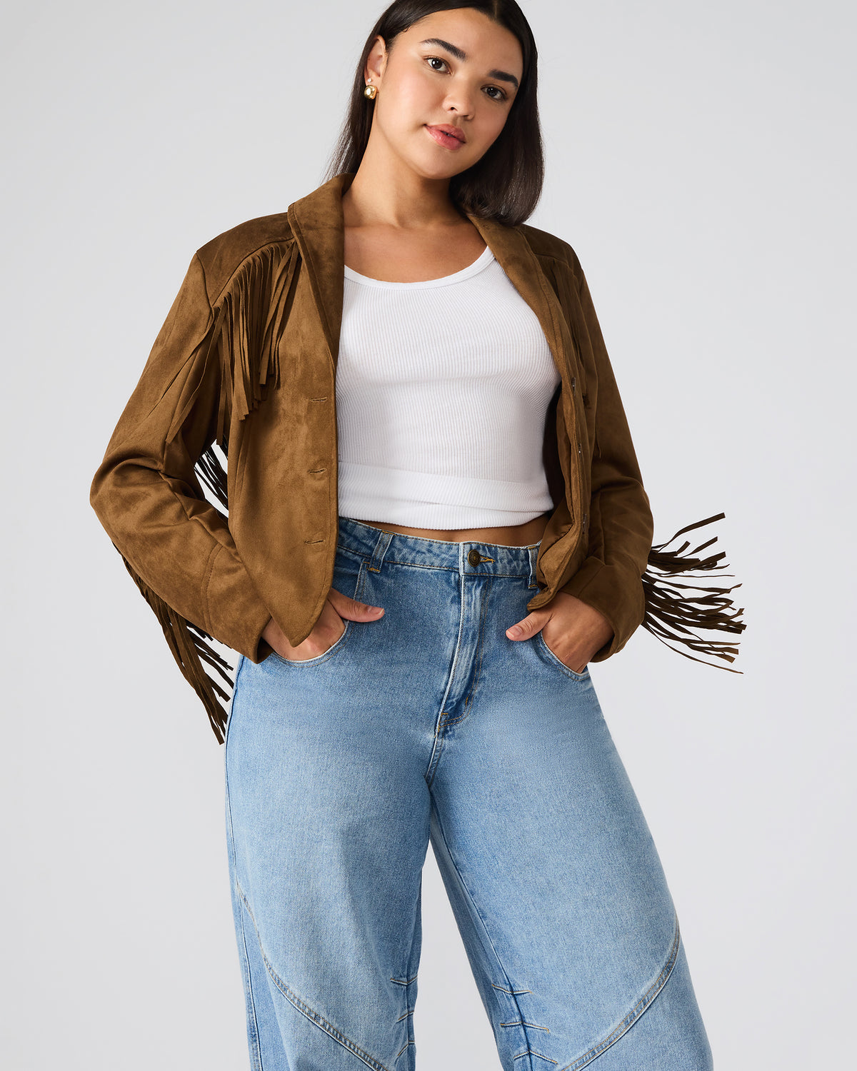 DALLAS Chestnut Long-Sleeved Button-Up Fringe Women's Jacket