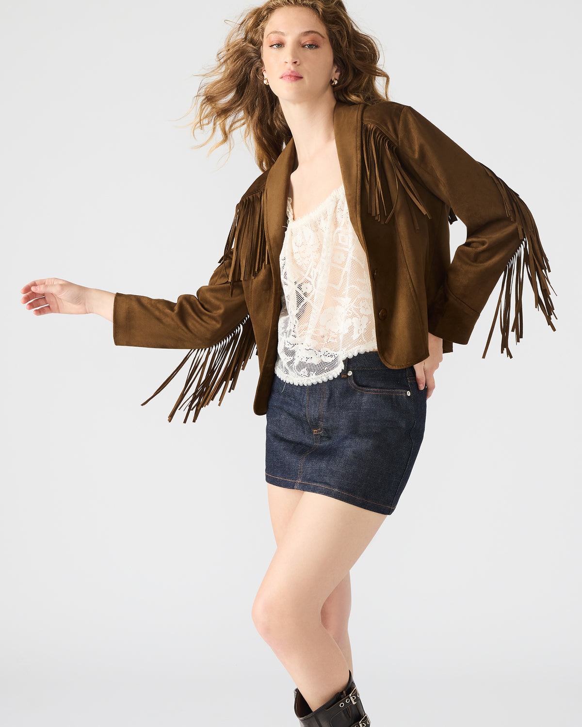 DALLAS Chestnut Long-Sleeved Button-Up Fringe Women's Jacket
