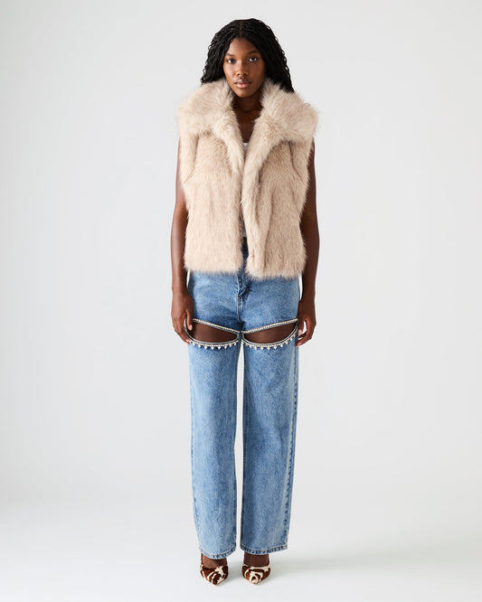 SAFIRA Natural Faux Fur Sleeveless Collared Women's Vest
