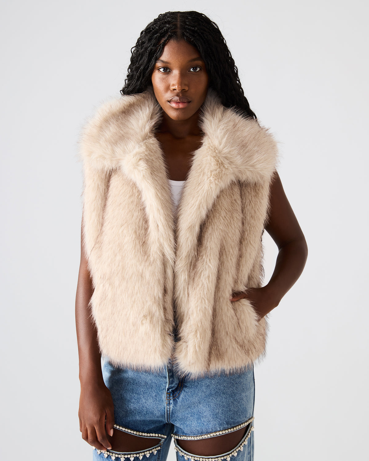 SAFIRA Natural Faux Fur Sleeveless Collared Women's Vest