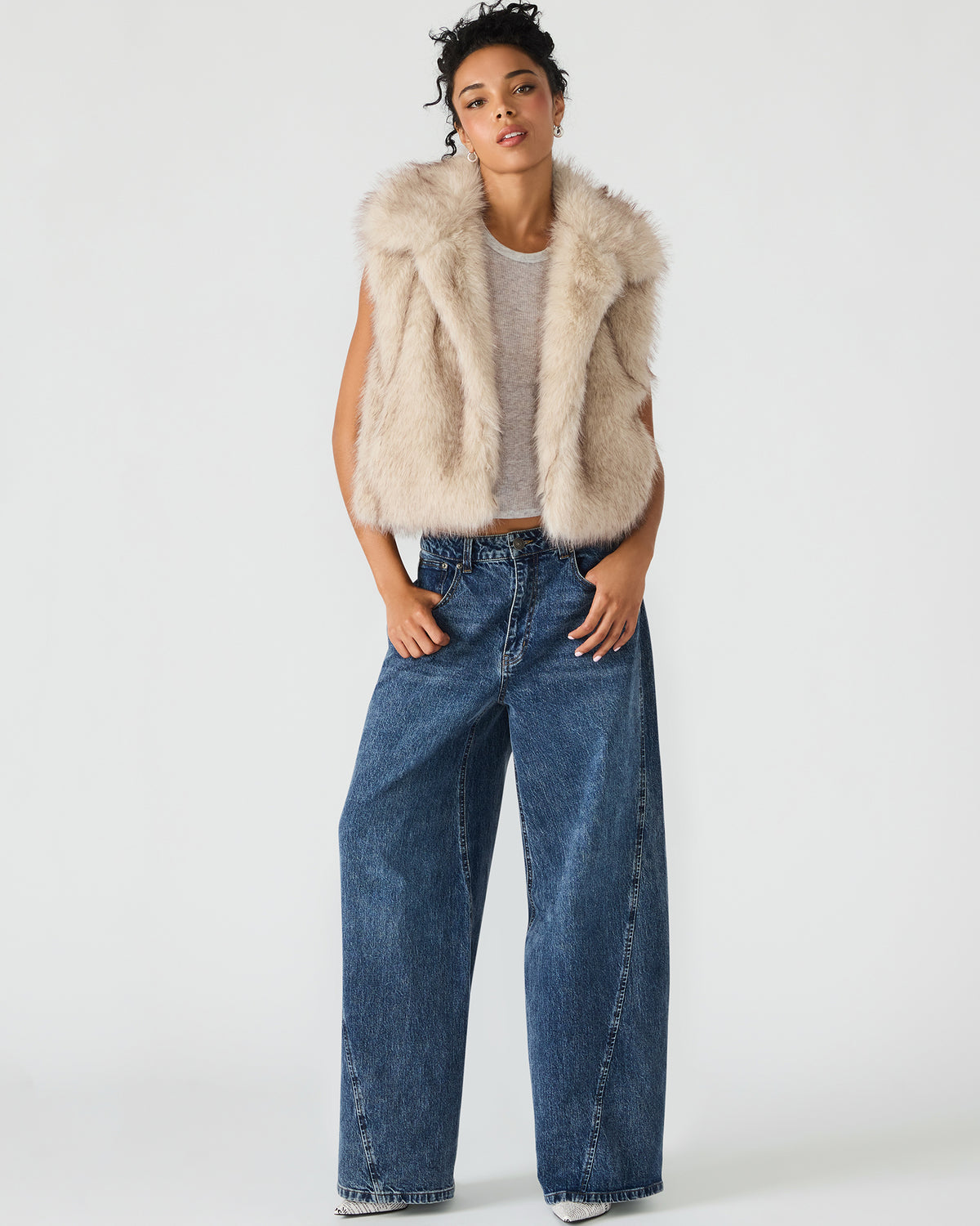 SAFIRA Natural Faux Fur Sleeveless Collared Women's Vest