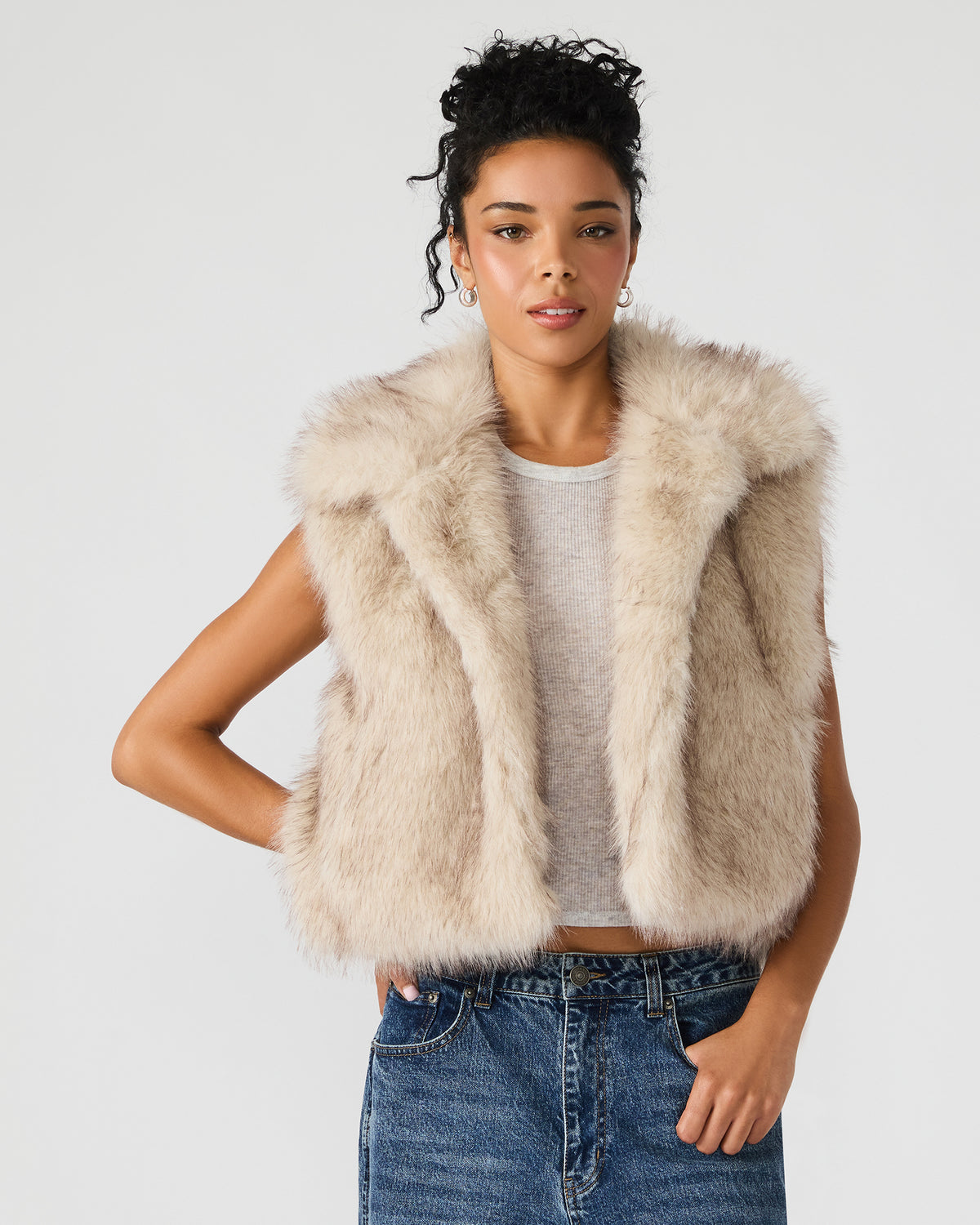 SAFIRA Natural Faux Fur Sleeveless Collared Women's Vest