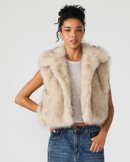 SAFIRA Natural Faux Fur Sleeveless Collared Women's Vest