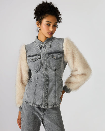 PARKER Fog Faux Fur Long-Sleeved Button-Up Denim Women's Jacket
