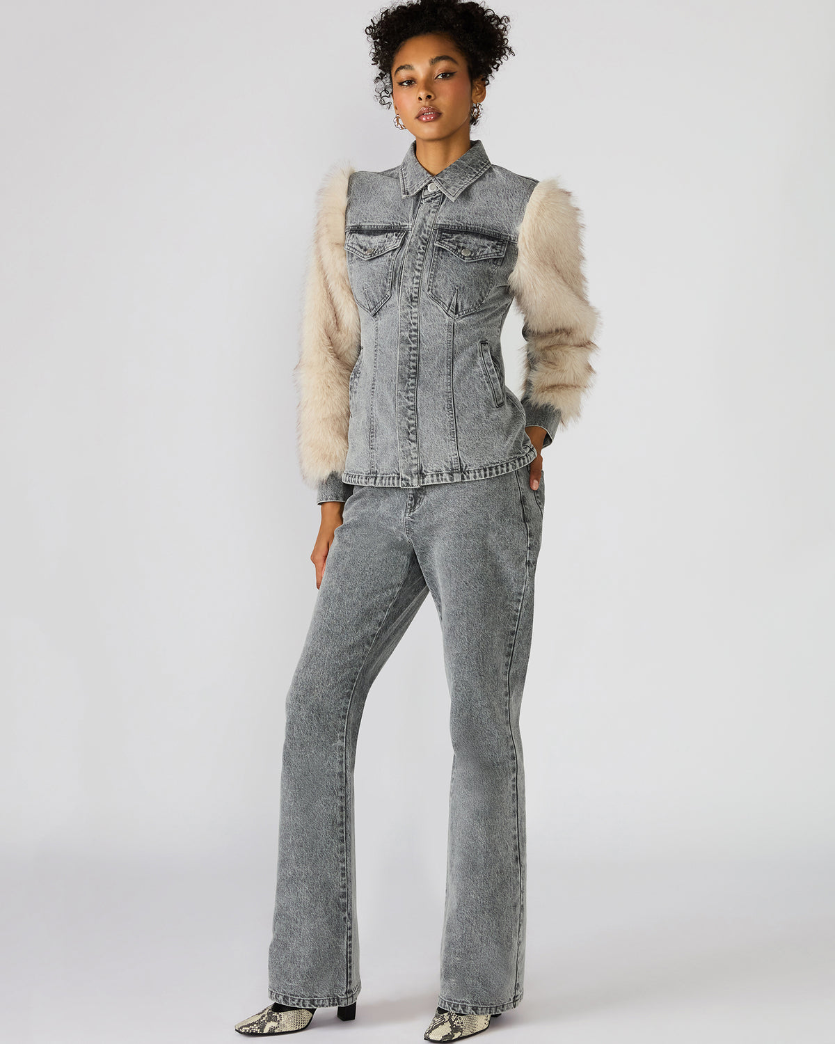 PARKER Fog Faux Fur Long-Sleeved Button-Up Denim Women's Jacket