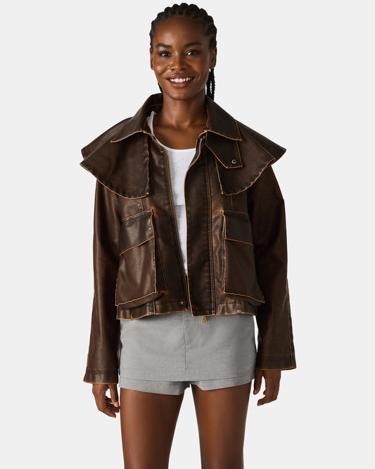 VARVARA Chocolate Long-Sleevd Faux Leather Women's Jacket