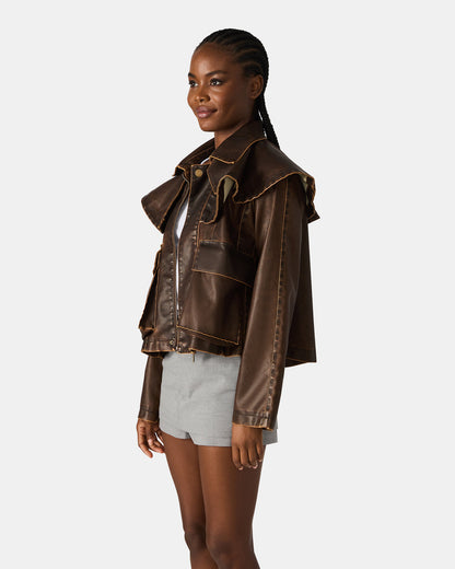VARVARA Chocolate Long-Sleevd Faux Leather Women's Jacket