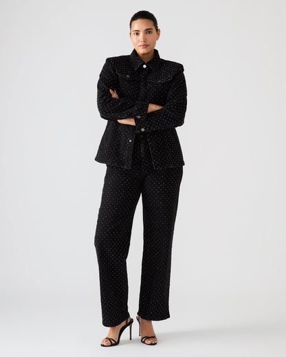 PARC Black Crystal Rhinestone Embellished Long-Sleeved Button-Up Denim Women's Jacket