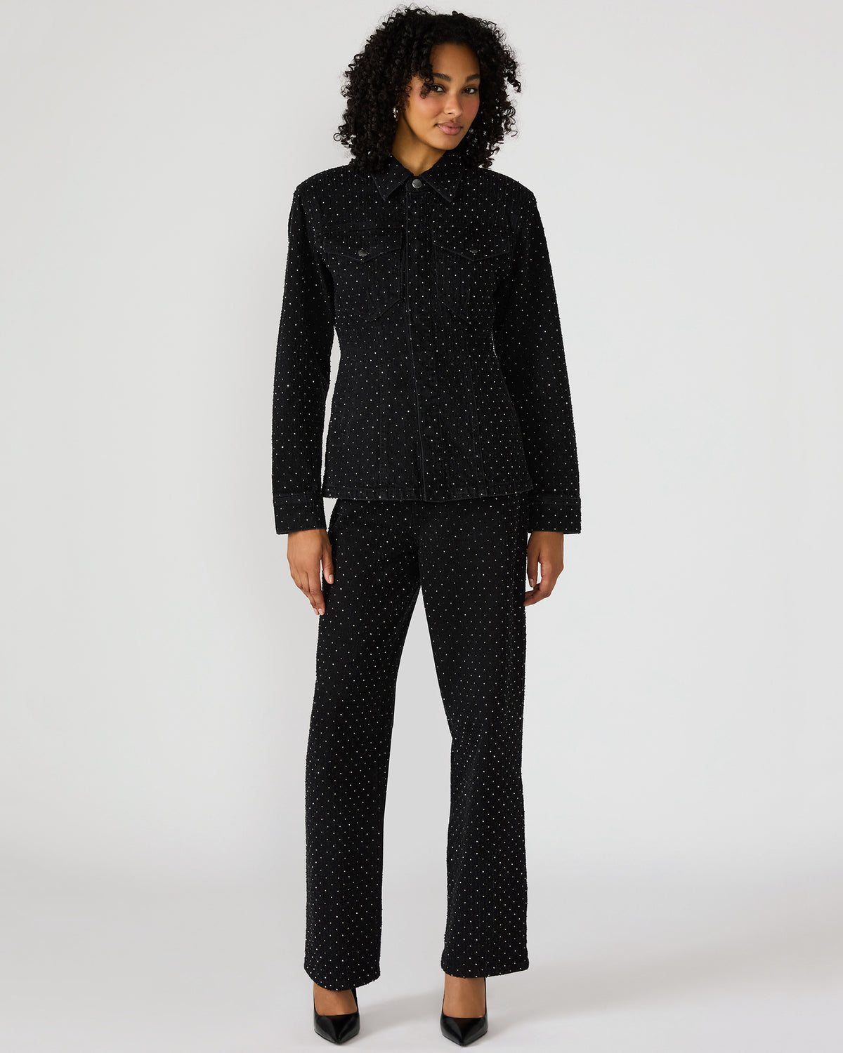 PARC Black Crystal Rhinestone Embellished Long-Sleeved Button-Up Denim Women's Jacket