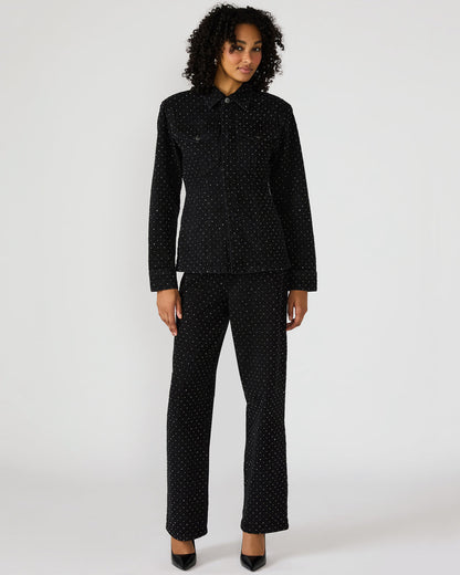 PARC Black Crystal Rhinestone Embellished Long-Sleeved Button-Up Denim Women's Jacket