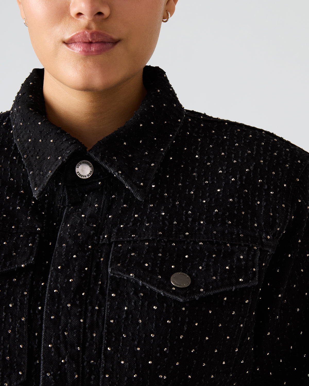 PARC Black Crystal Rhinestone Embellished Long-Sleeved Button-Up Denim Women's Jacket