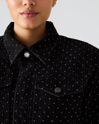 PARC Black Crystal Rhinestone Embellished Long-Sleeved Button-Up Denim Women's Jacket