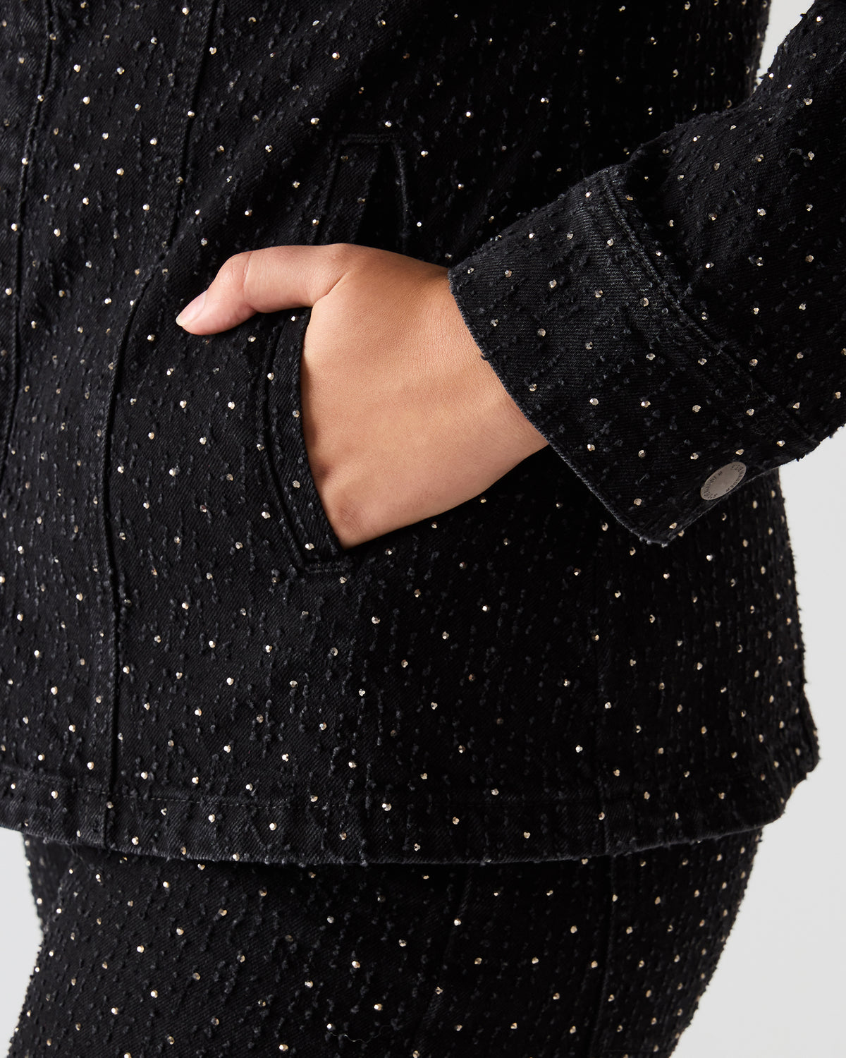 PARC Black Crystal Rhinestone Embellished Long-Sleeved Button-Up Denim Women's Jacket