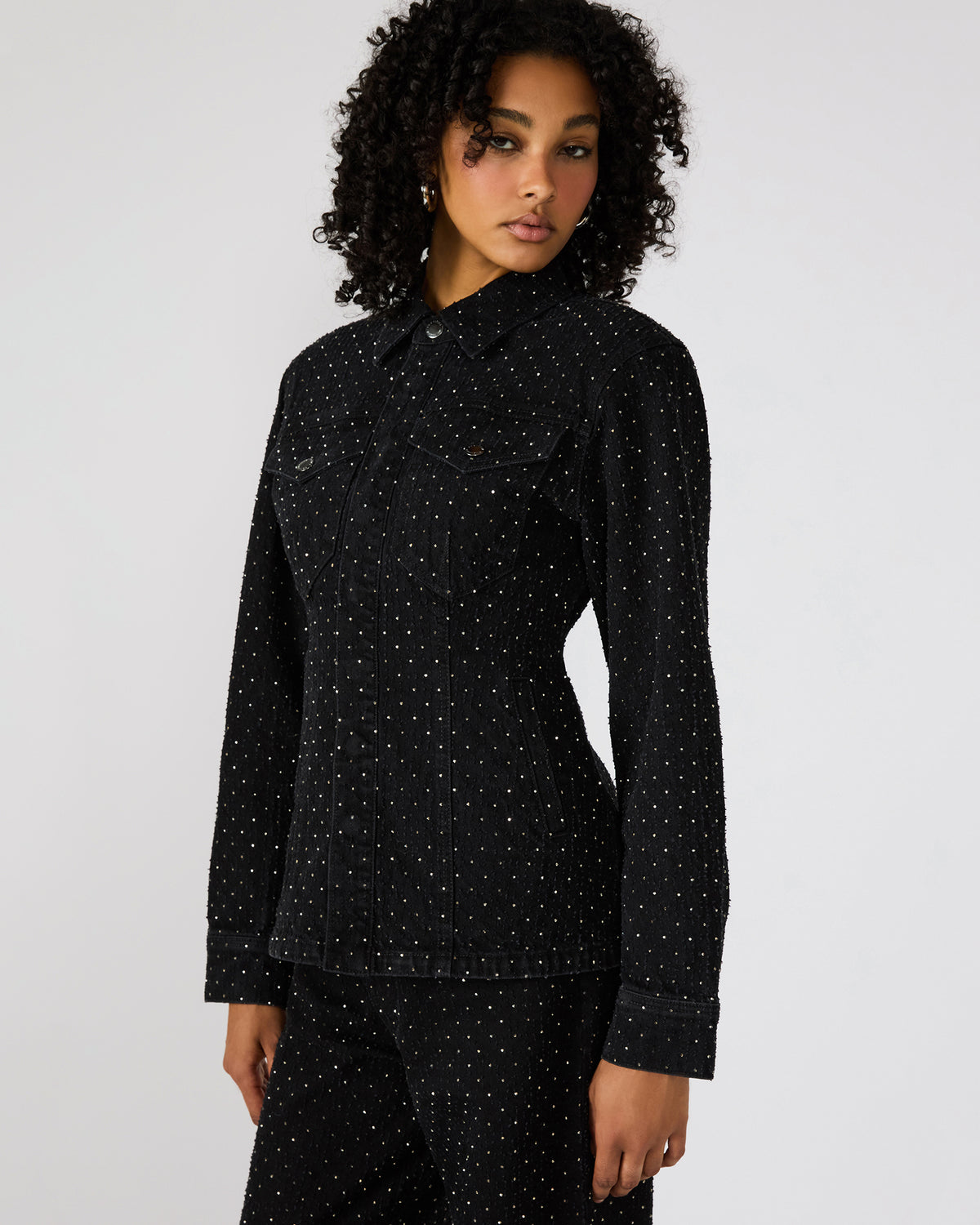 PARC Black Crystal Rhinestone Embellished Long-Sleeved Button-Up Denim Women's Jacket