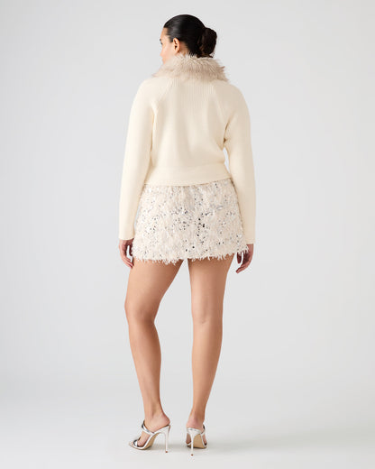 LYSIA Cream Long-Sleeved Faux Fur Hood Zip-Up Ribbed Women's Sweater Jacket