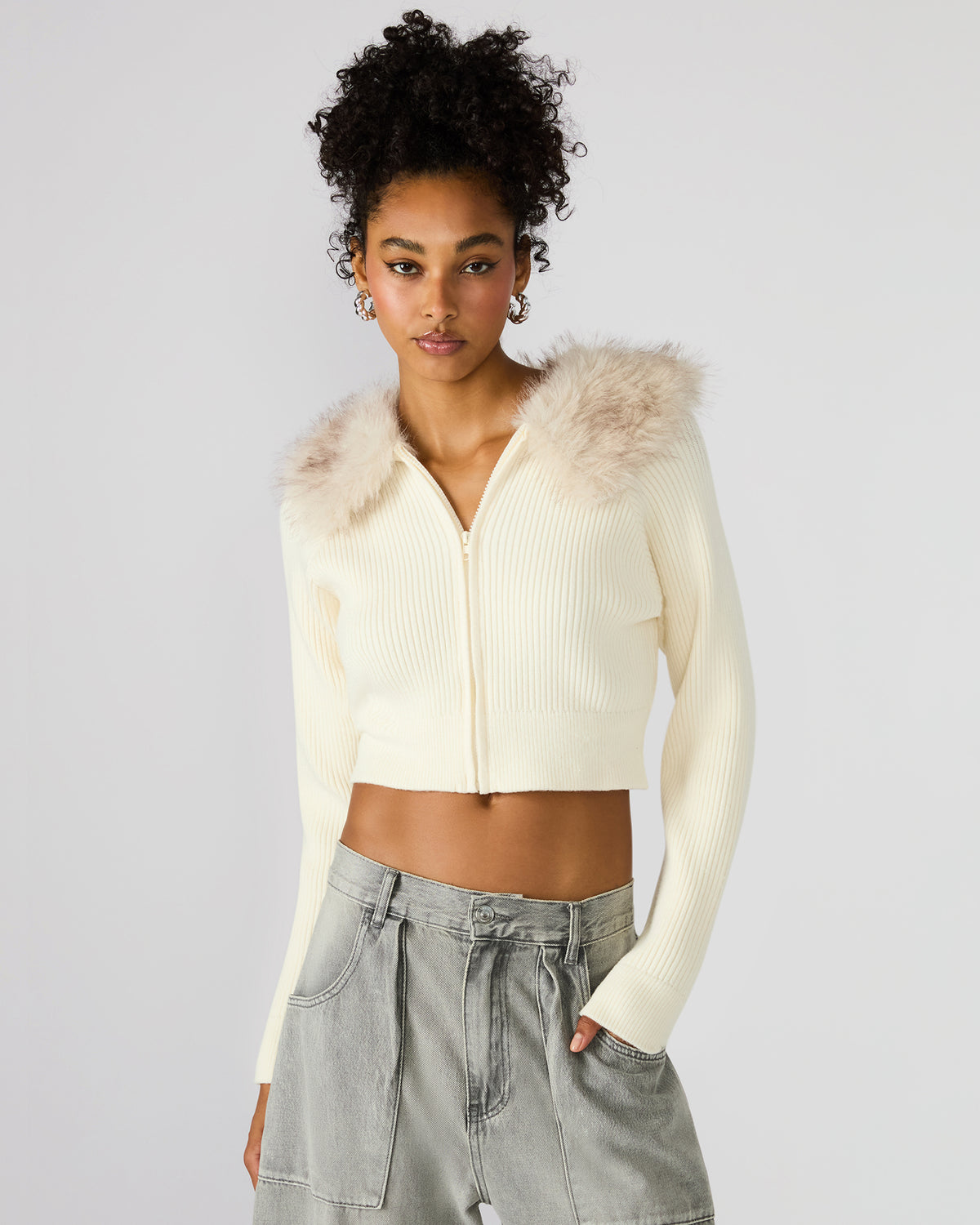 LYSIA Cream Long-Sleeved Faux Fur Hood Zip-Up Ribbed Women's Sweater Jacket