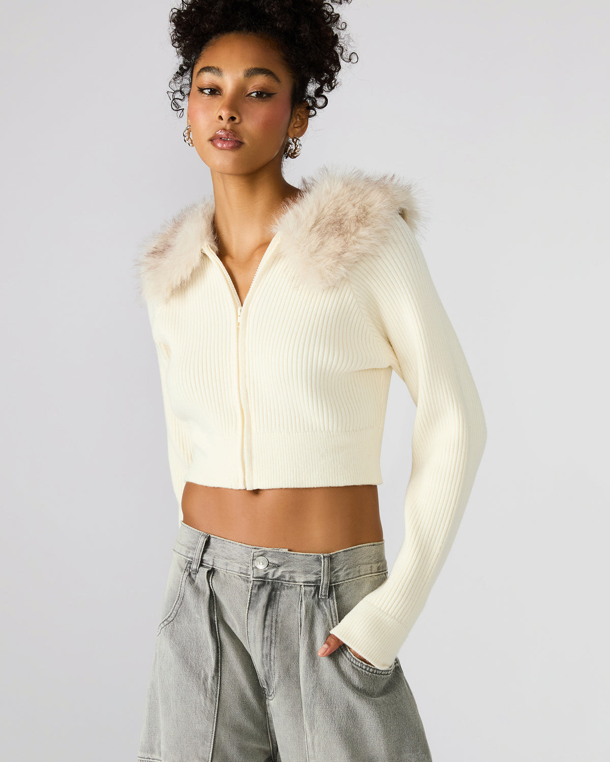 LYSIA Cream Long-Sleeved Faux Fur Hood Zip-Up Ribbed Women's Sweater Jacket