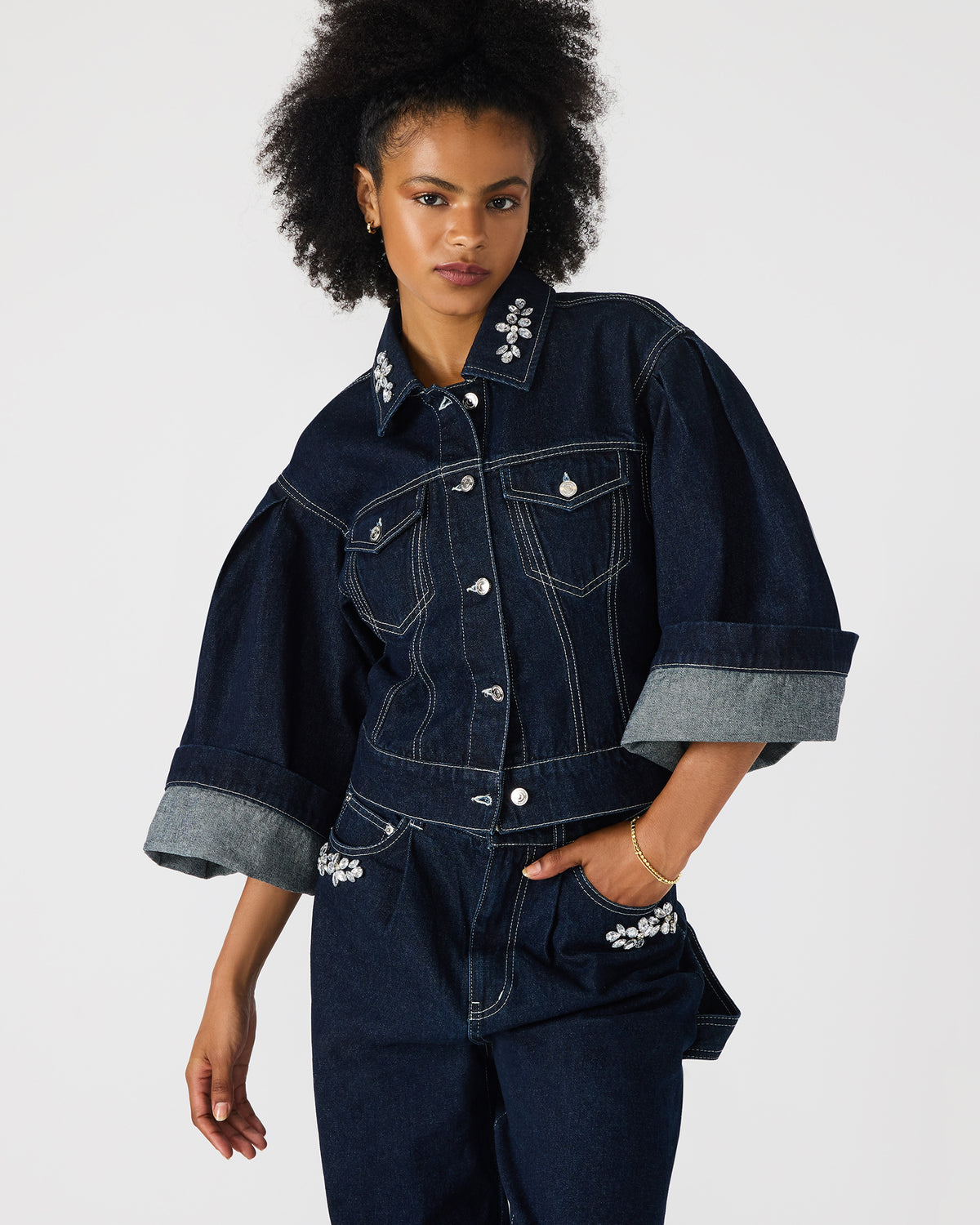 DOROTHY Bijou Blue Button-Up Denim Embellished Women's Jacket