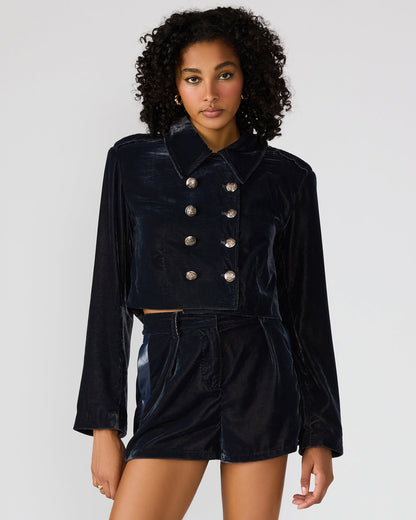 TONIA Indigo Haze Velvet Button-Up Long-Sleeved Women's Blazer Jacket