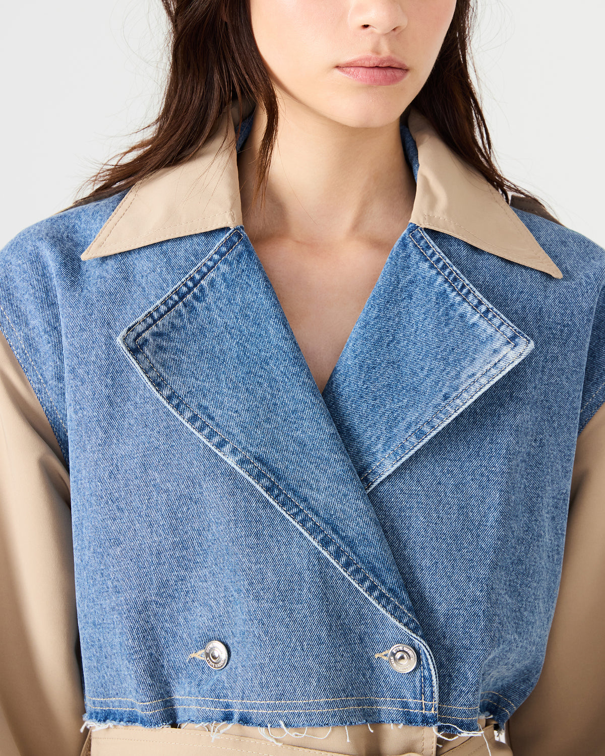 SHYLA Denim Multi Long-Sleeved Denim Khaki Button-Up Tie-Front Women's Coat