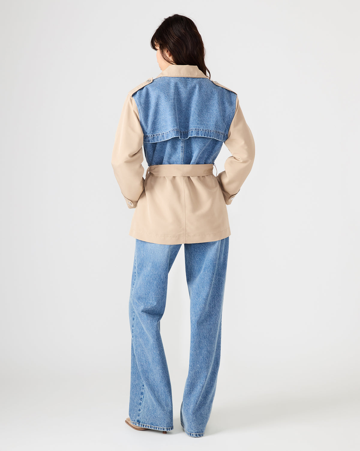 SHYLA Denim Multi Long-Sleeved Denim Khaki Button-Up Tie-Front Women's Coat
