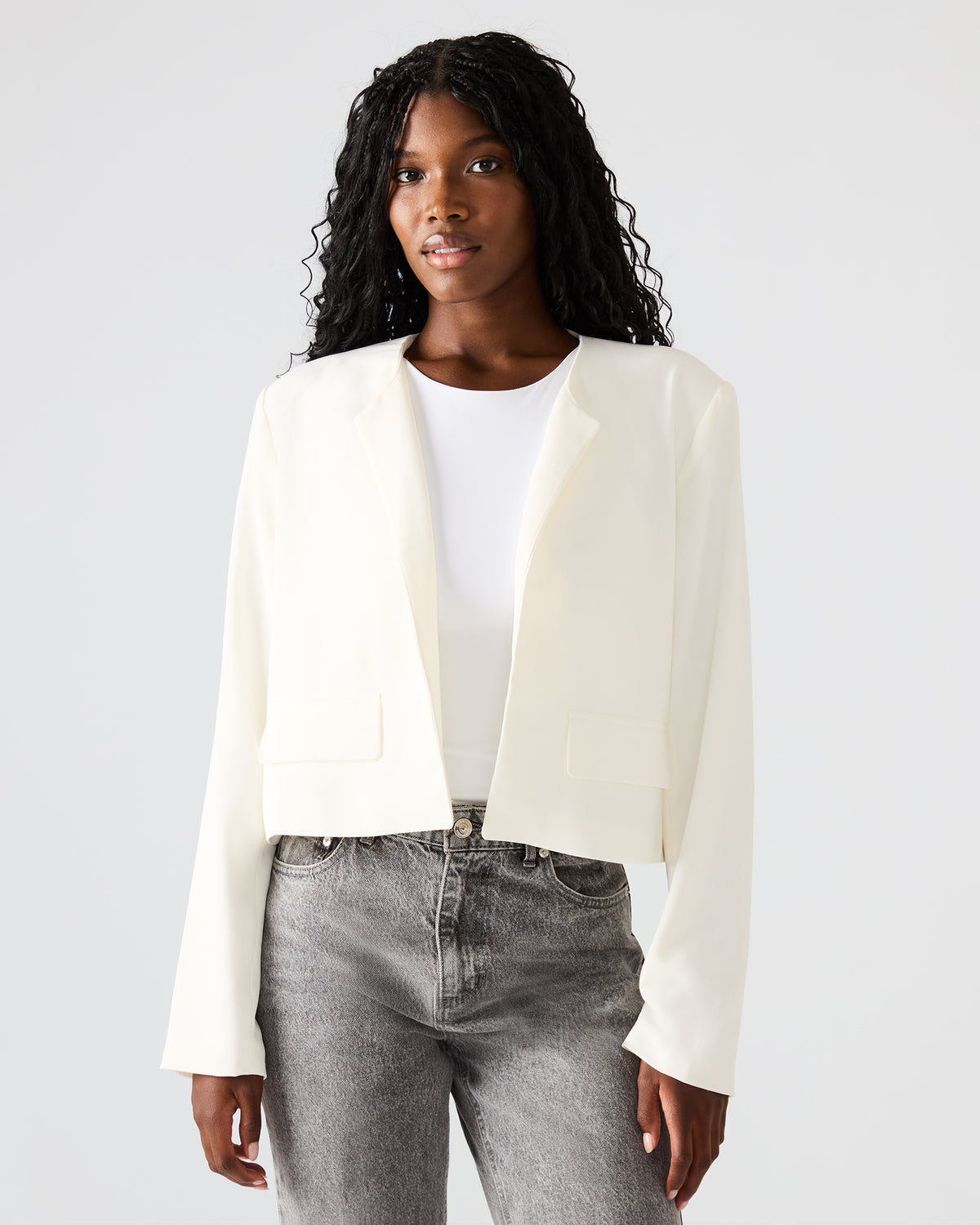 SERENEA White Women's Long-Sleeved Open-Front Blazer