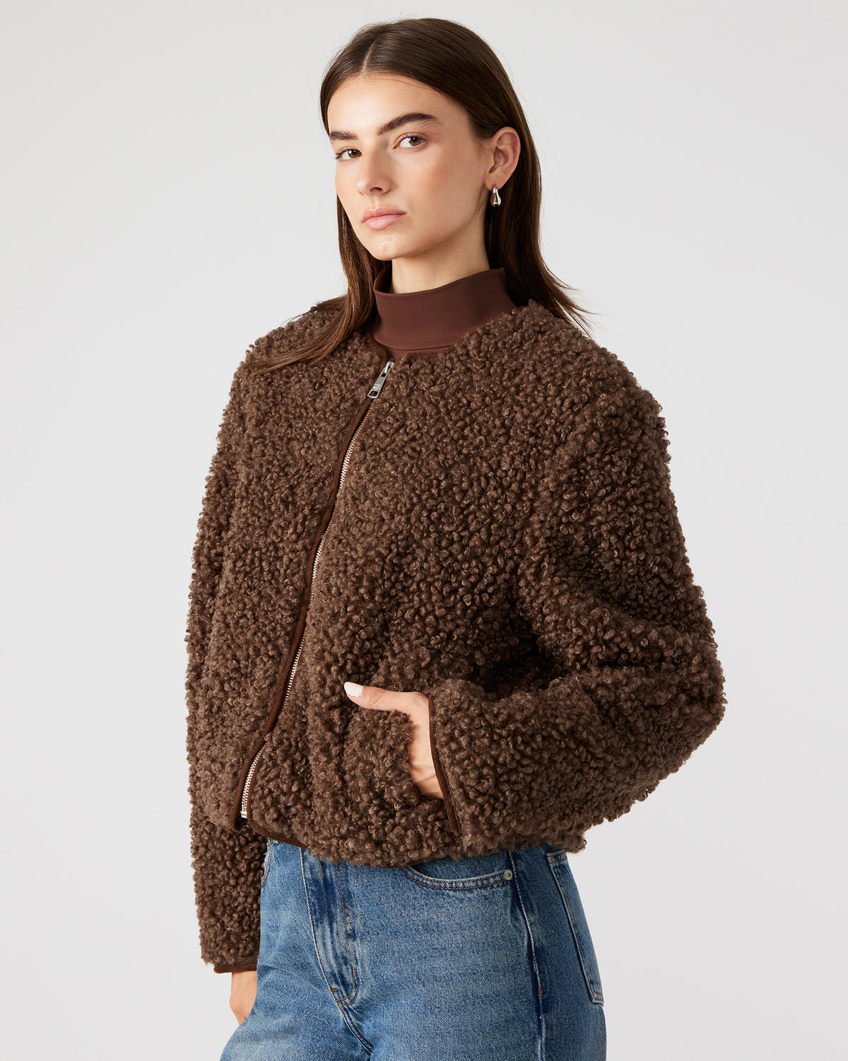 TEDDY Jacket Brown | Women's Collarless Sherpa Jacket