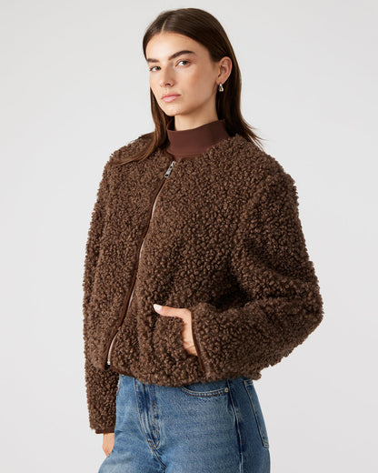 TEDDY Jacket Brown | Women's Collarless Sherpa Jacket