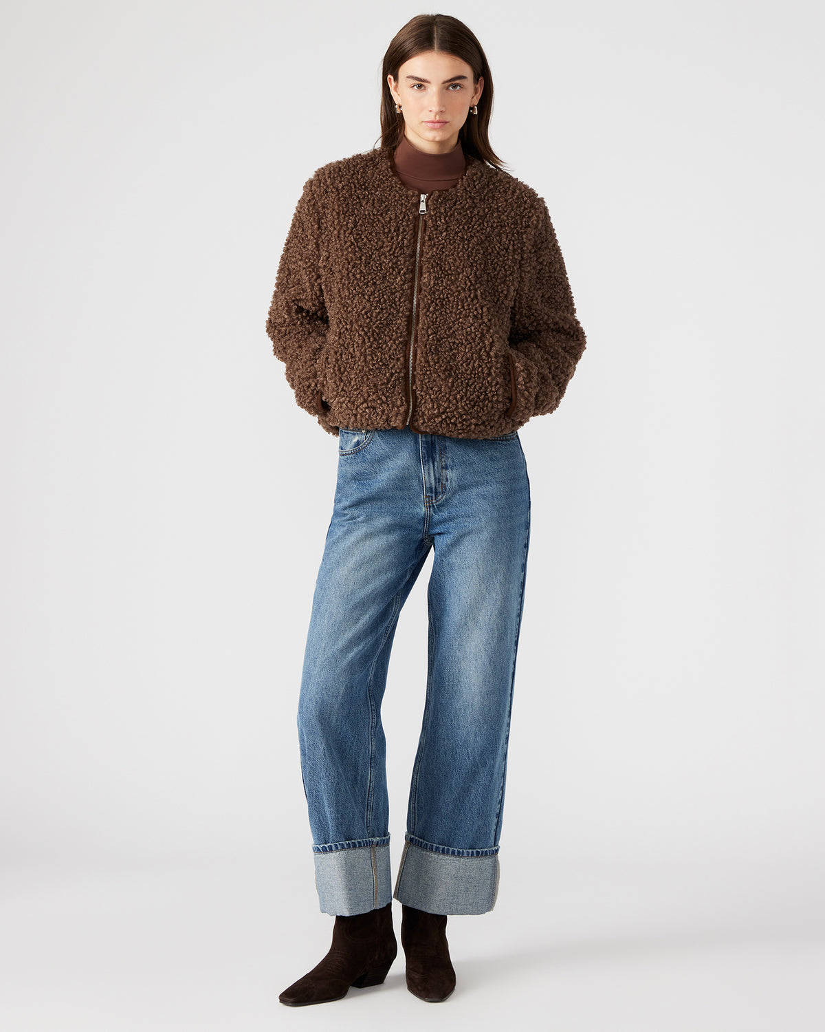 TEDDY Jacket Brown | Women's Collarless Sherpa Jacket