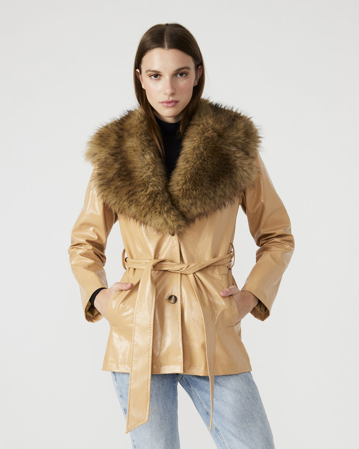BOWERY Coat Tan | Women's Faux Leather Button-Up Coat