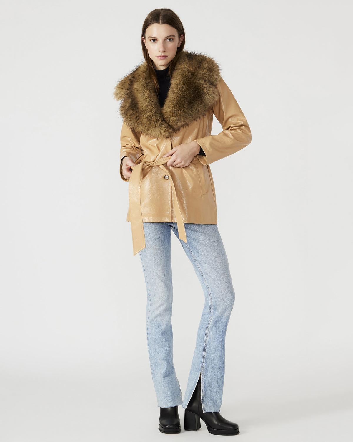 BOWERY Coat Tan | Women's Faux Leather Button-Up Coat
