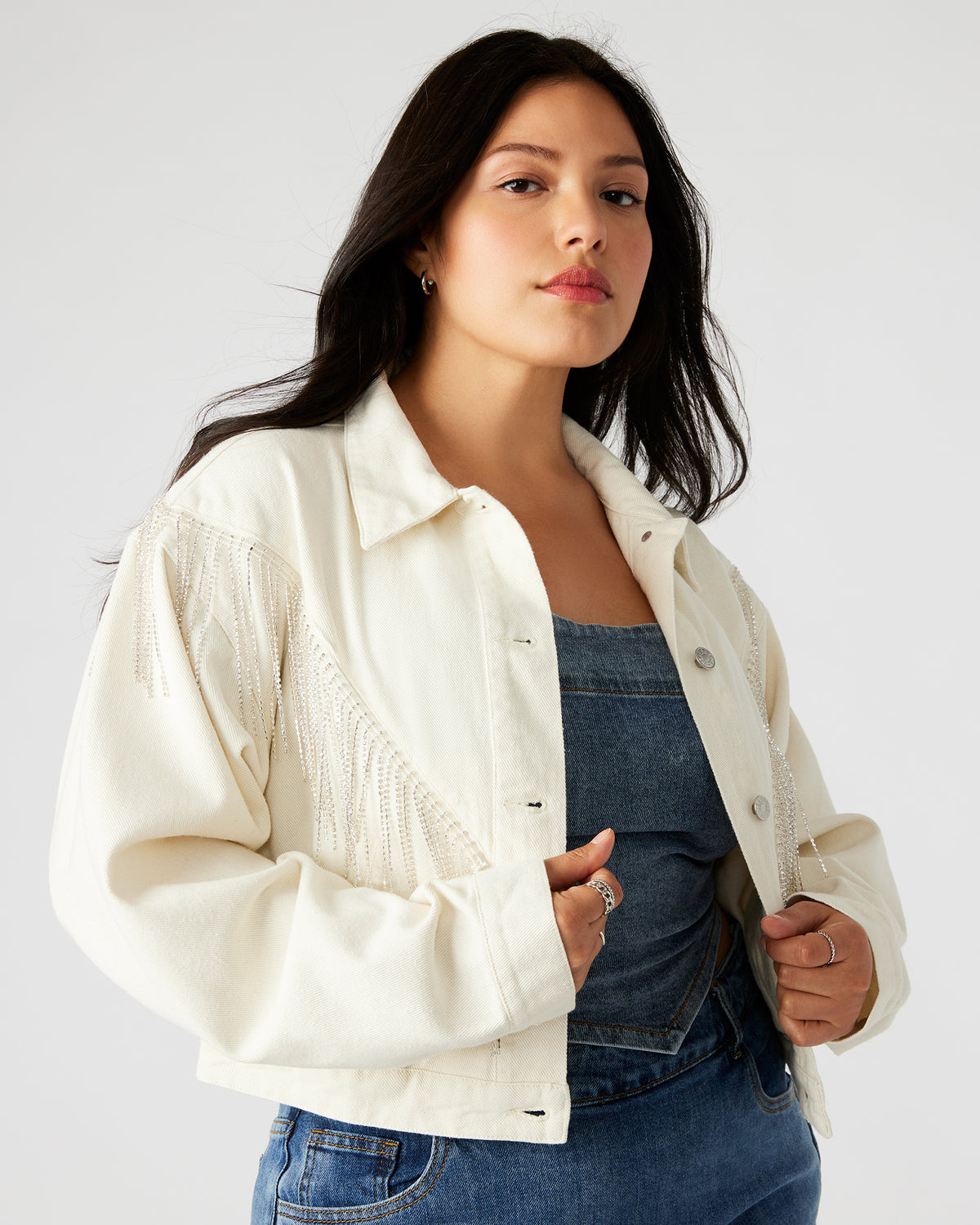 CANYON Denim Jacket Cream | Women's Rhinestone Fringe Jacket