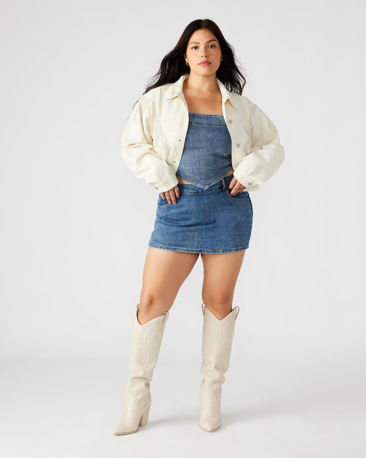 CANYON Denim Jacket Cream | Women's Rhinestone Fringe Jacket